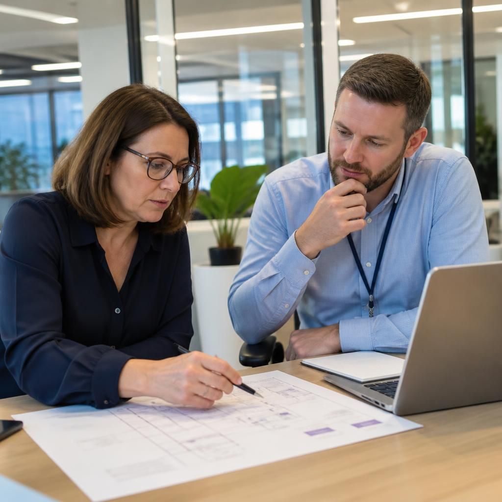 Professionals reviewing an IT infrastructure project plan in an office