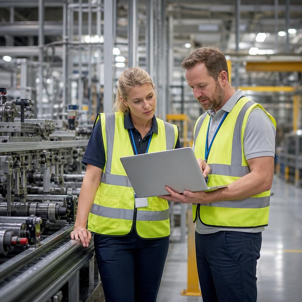 Manufacturing staff reviewing a technology upgrade on a factory floor