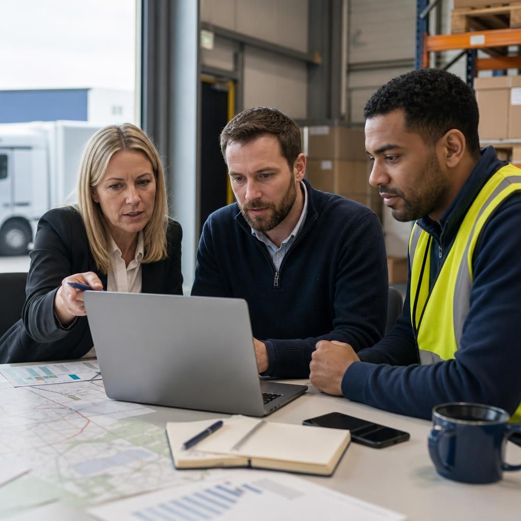 Logistics team discussing connectivity and technology requirements around a laptop