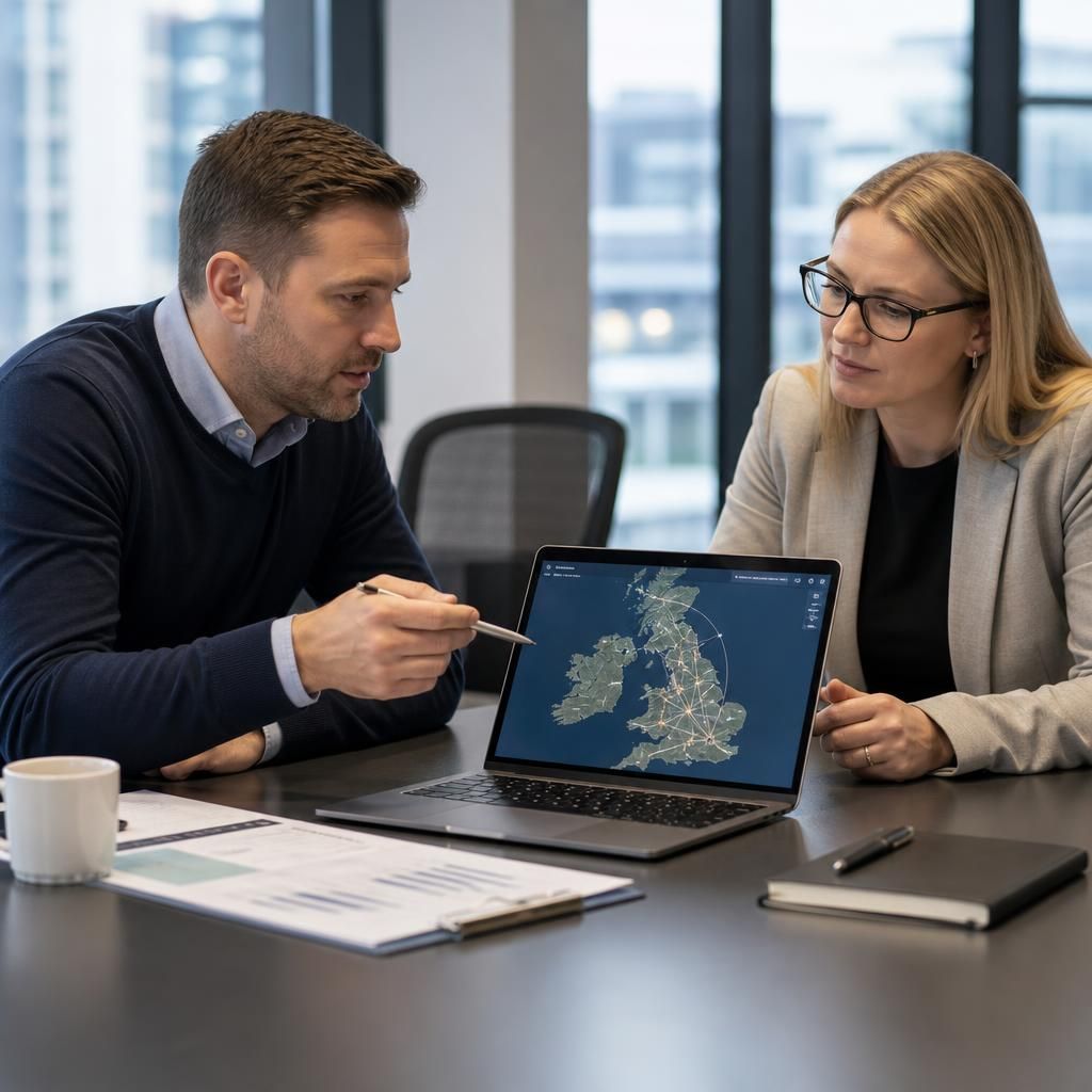 Business managers reviewing an IT project for multiple connected locations