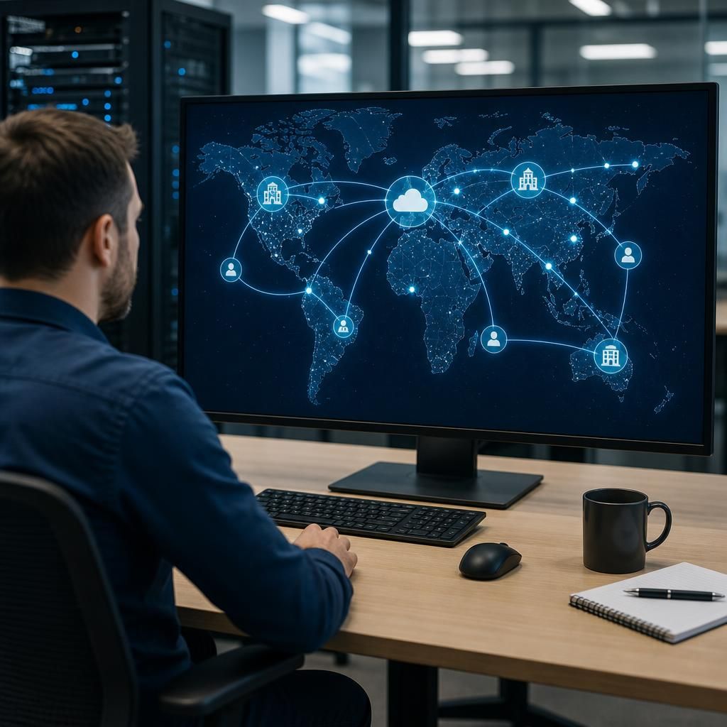 Network map connecting offices, cloud systems and user devices across multiple business locations