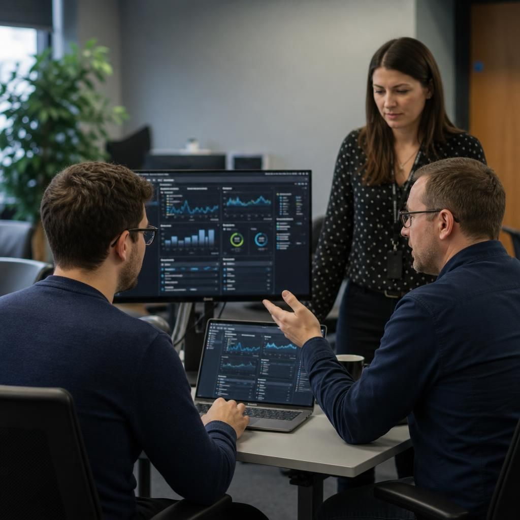 Internal and outsourced IT professionals reviewing a shared systems dashboard