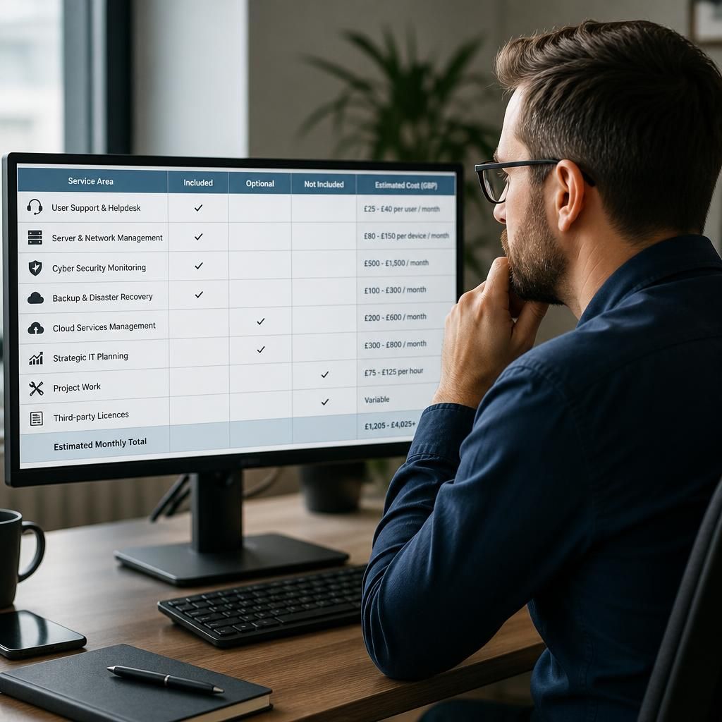 IT professional reviewing a managed services cost breakdown on a computer screen