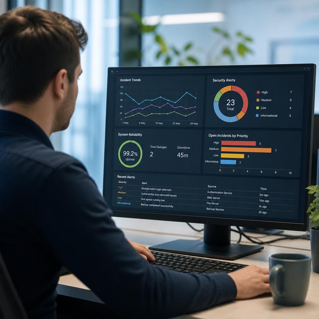 IT service dashboard displaying incident trends, security alerts and system reliability data