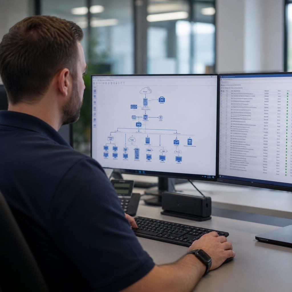 IT specialist reviewing a network diagram and asset checklist on a computer screen