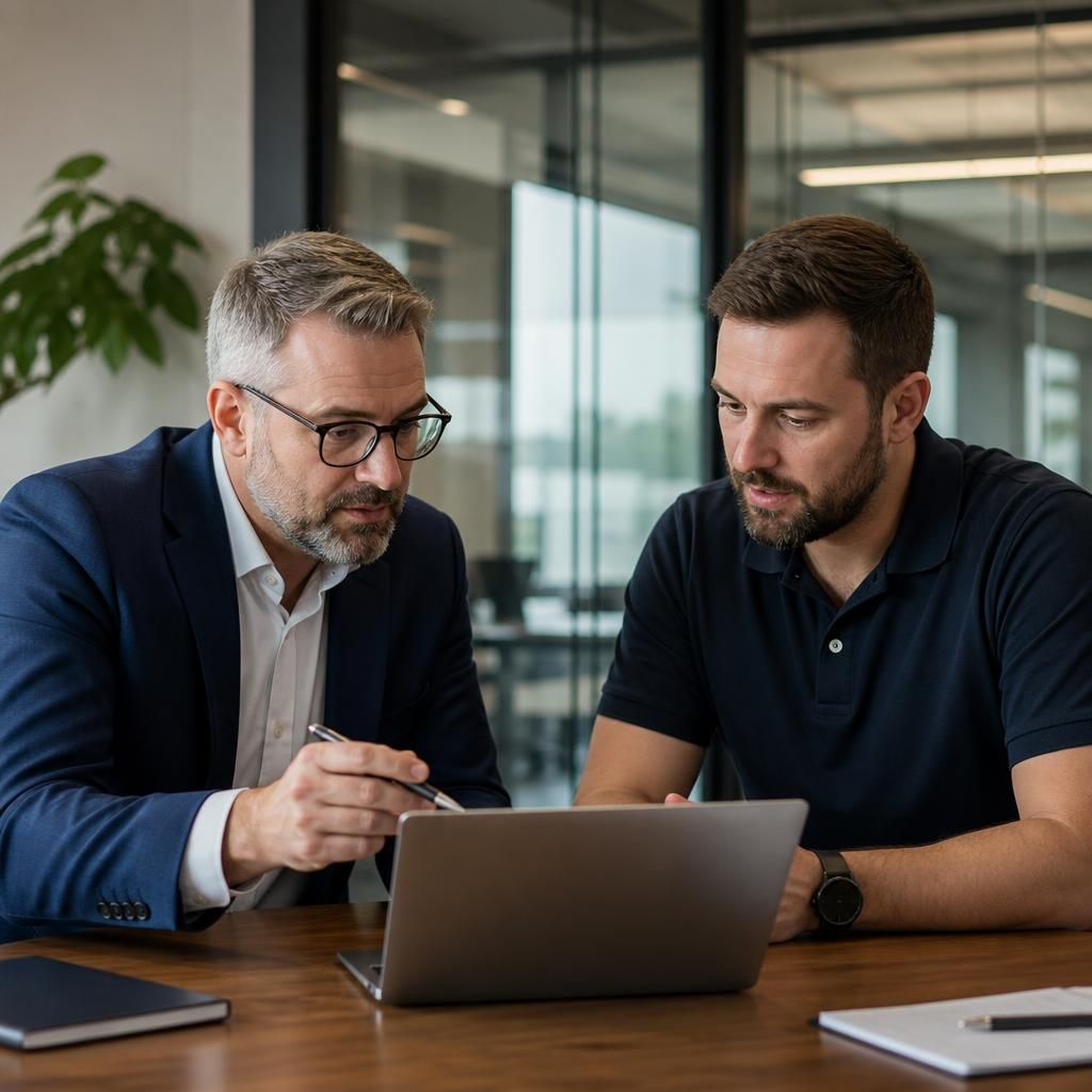 Business manager reviewing an IT responsibility matrix with an outsourced provider
