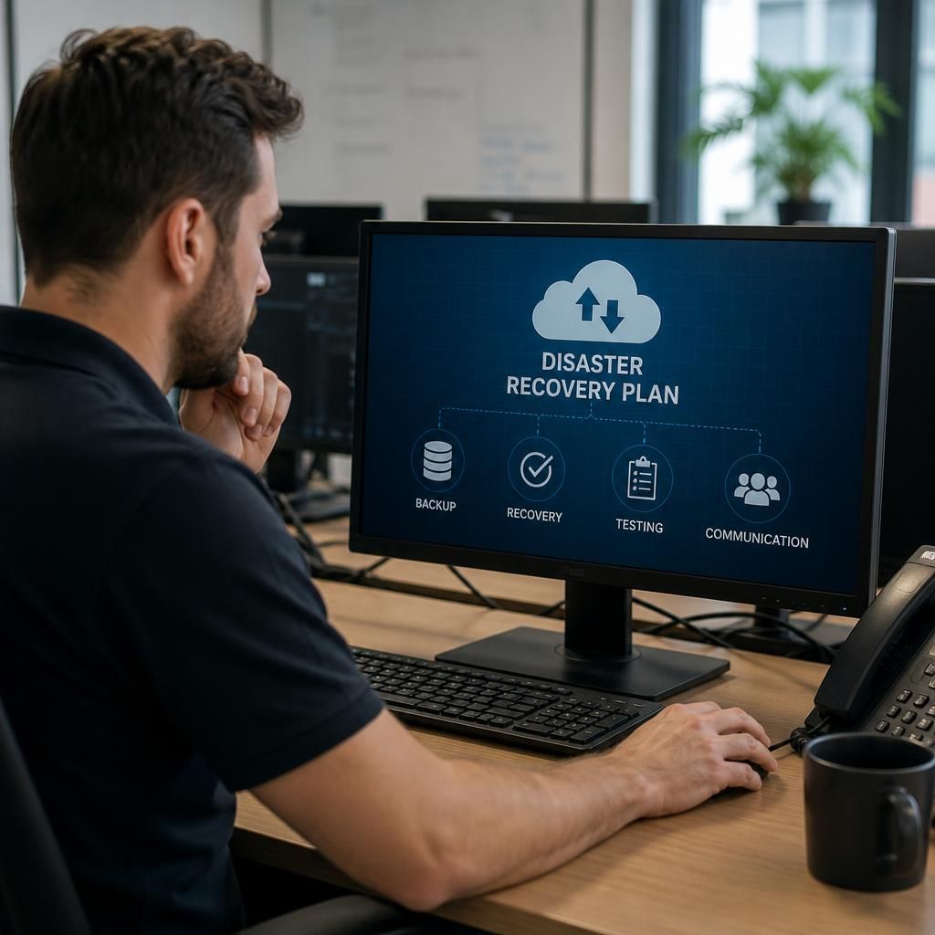Technician reviewing a disaster recovery plan on a computer screen