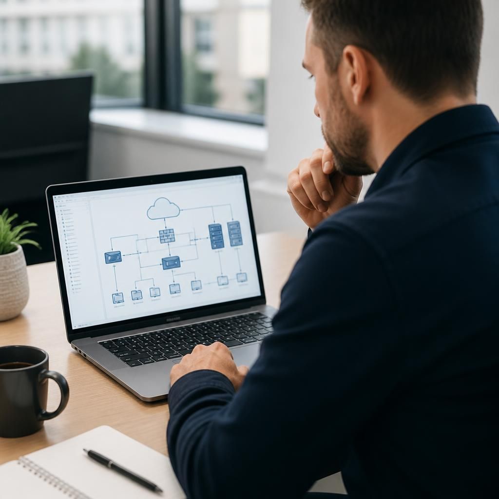 IT consultant reviewing a business technology plan on a laptop with network diagrams