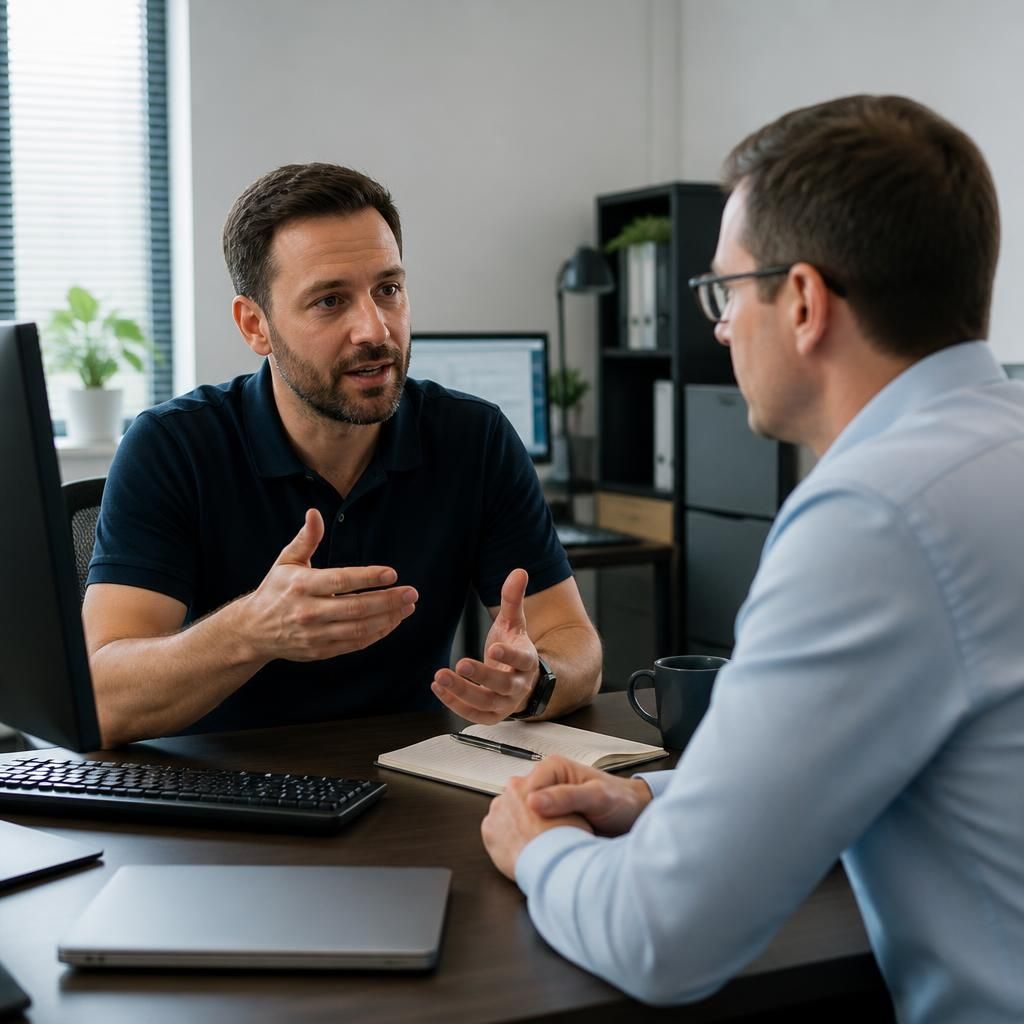 IT professional discussing technology with a business client at a desk