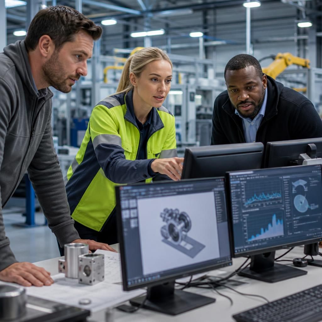 Manufacturing team reviewing connected systems and IT infrastructure