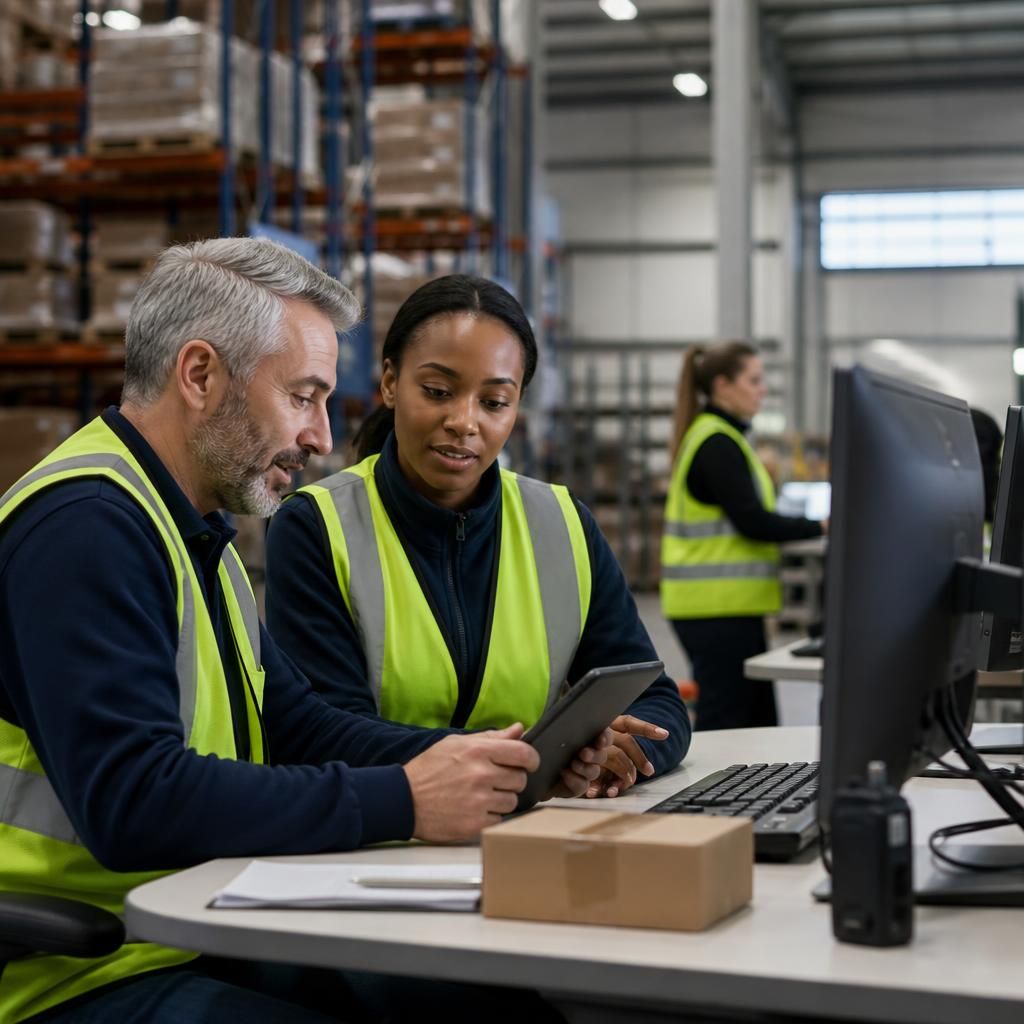 Logistics staff using connected devices and business systems