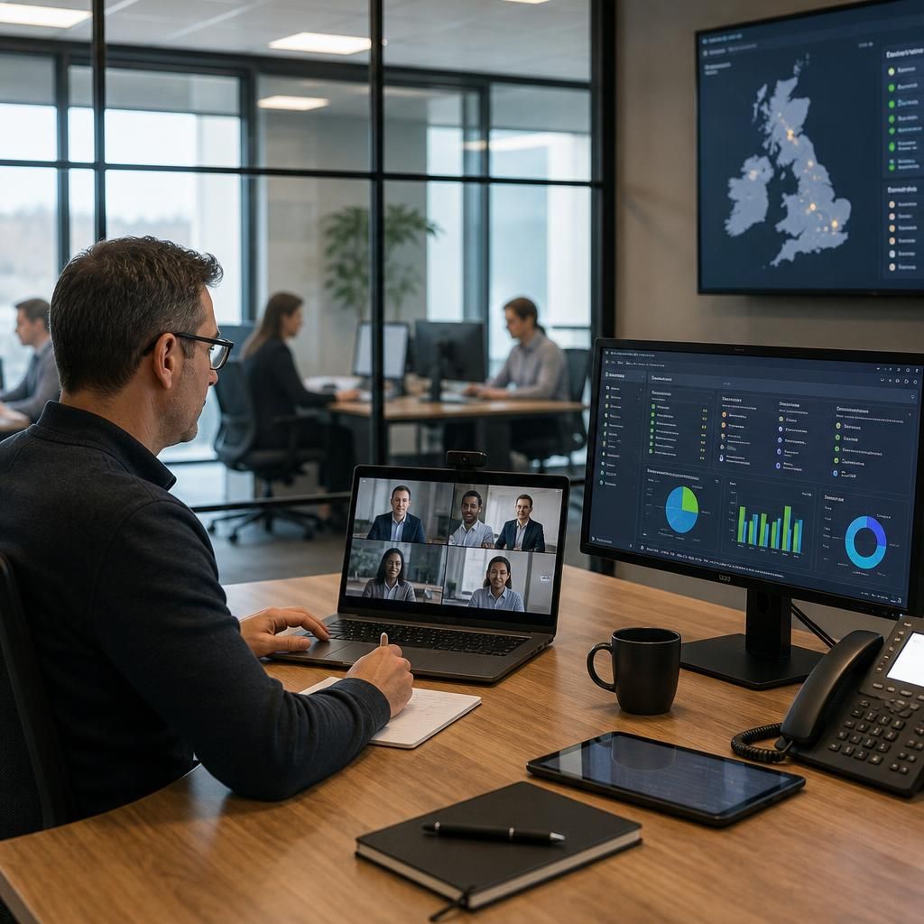 Staff from multiple business locations collaborating through connected IT systems