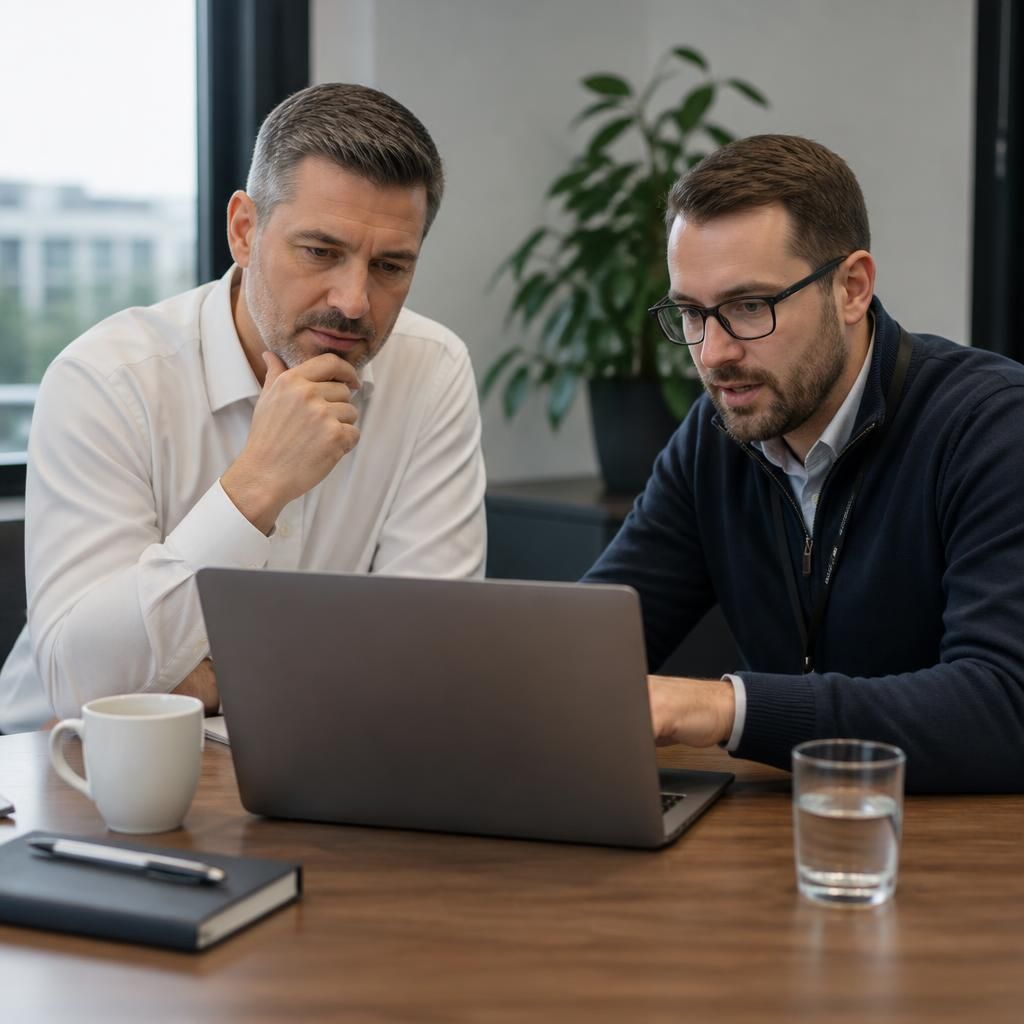 Business owner reviewing a laptop with an IT specialist during a technology planning meeting