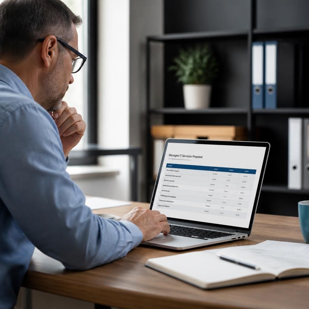 Business owner reviewing an outsourced IT services pricing proposal on a laptop