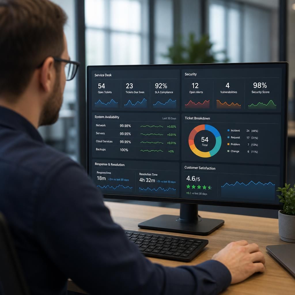 IT performance dashboard displaying service desk, security and system availability metrics