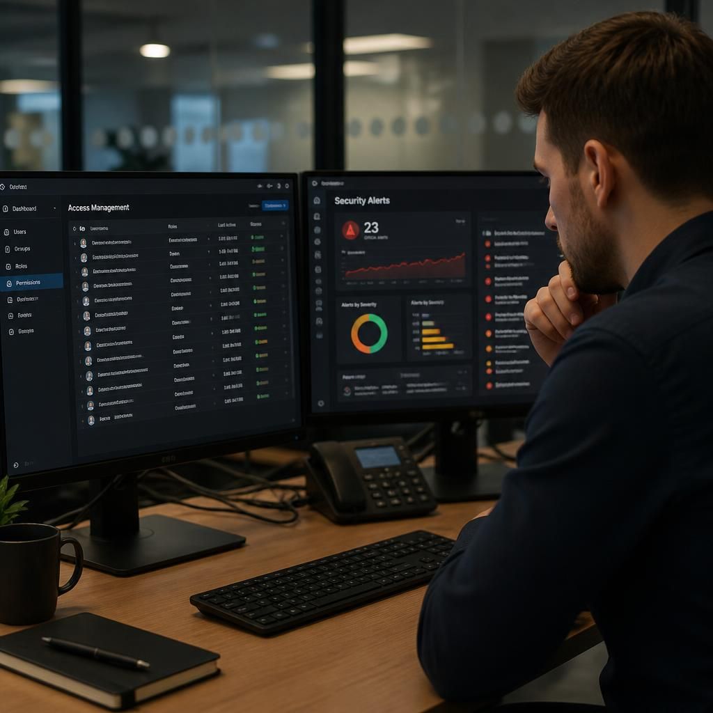IT professional reviewing access permissions and security alerts on a computer screen