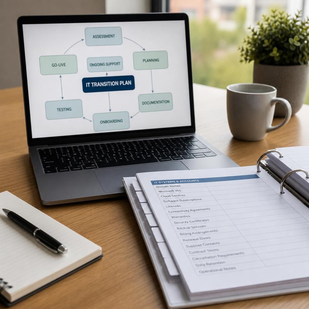 IT transition plan displayed on a laptop beside system documentation