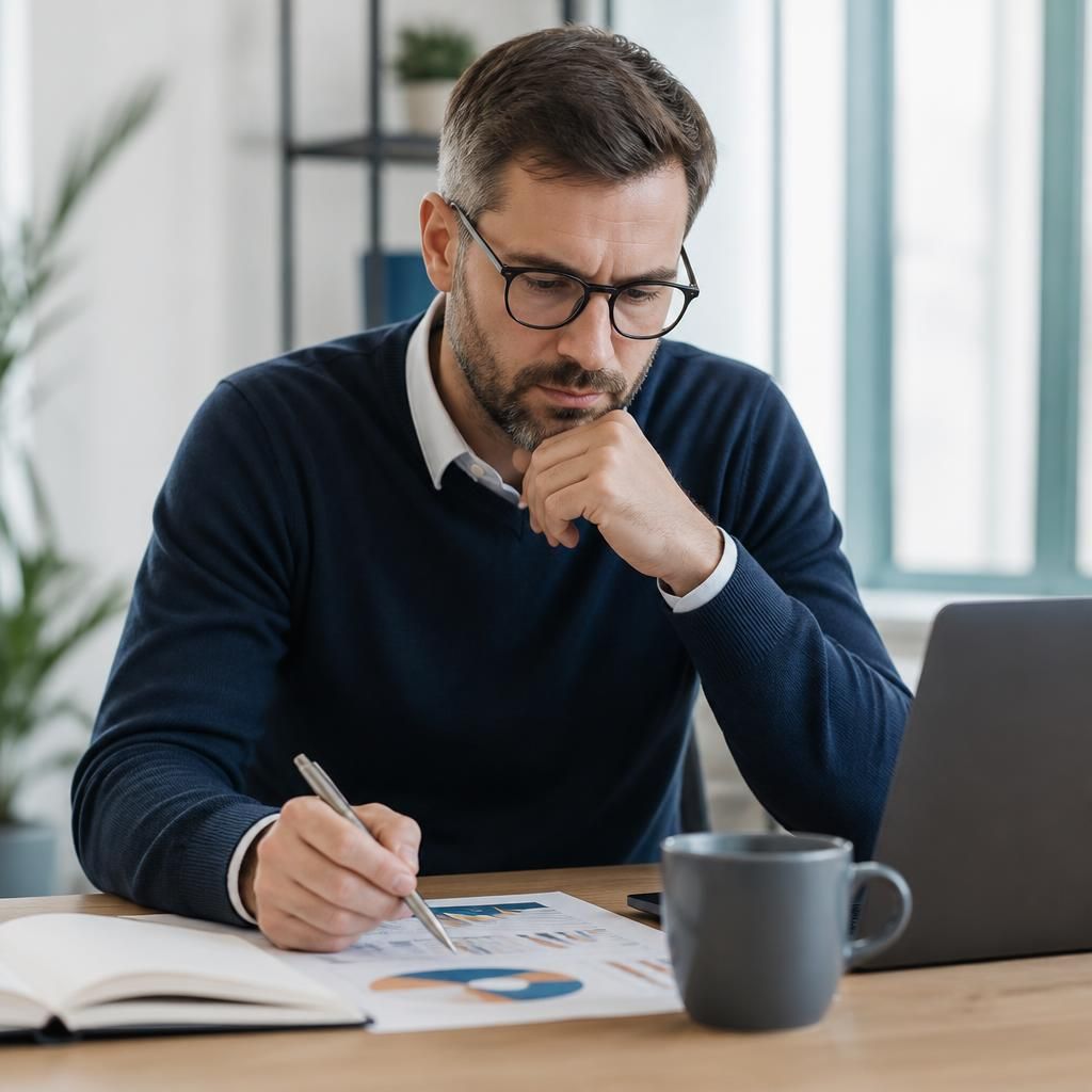 Business manager reviewing an in-house and outsourced IT team comparison