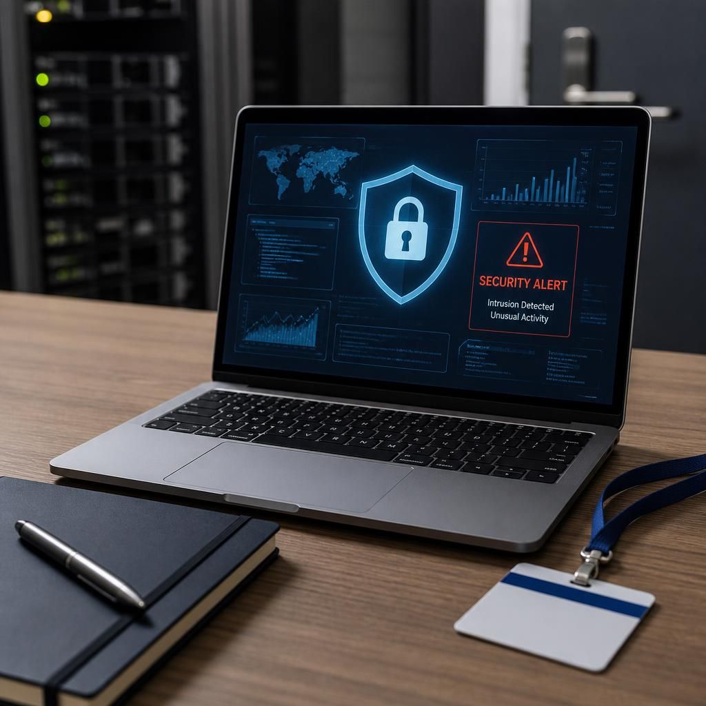 Laptop displaying security alerts beside a notebook and access card