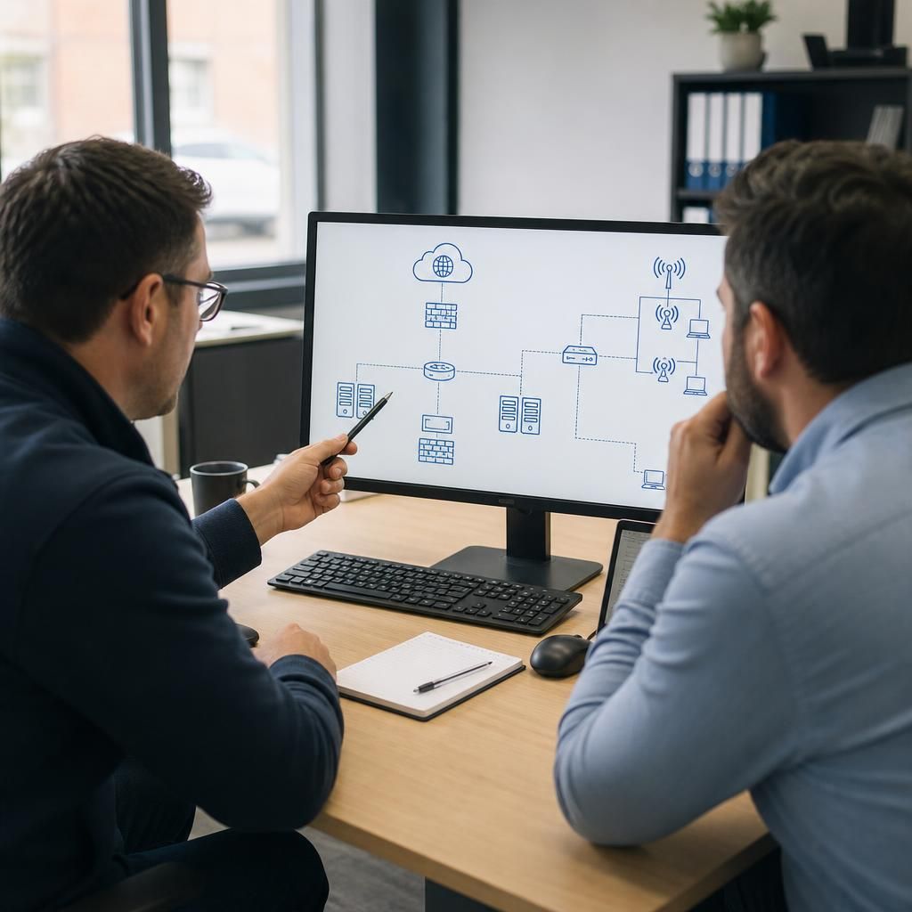 IT provider reviewing a small business network diagram with a client