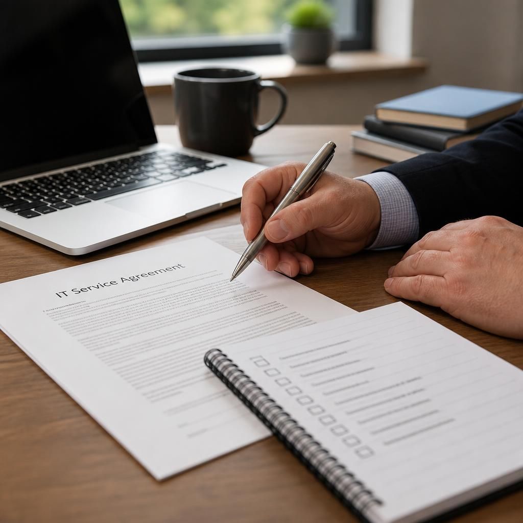 IT service agreement beside a laptop and contract checklist