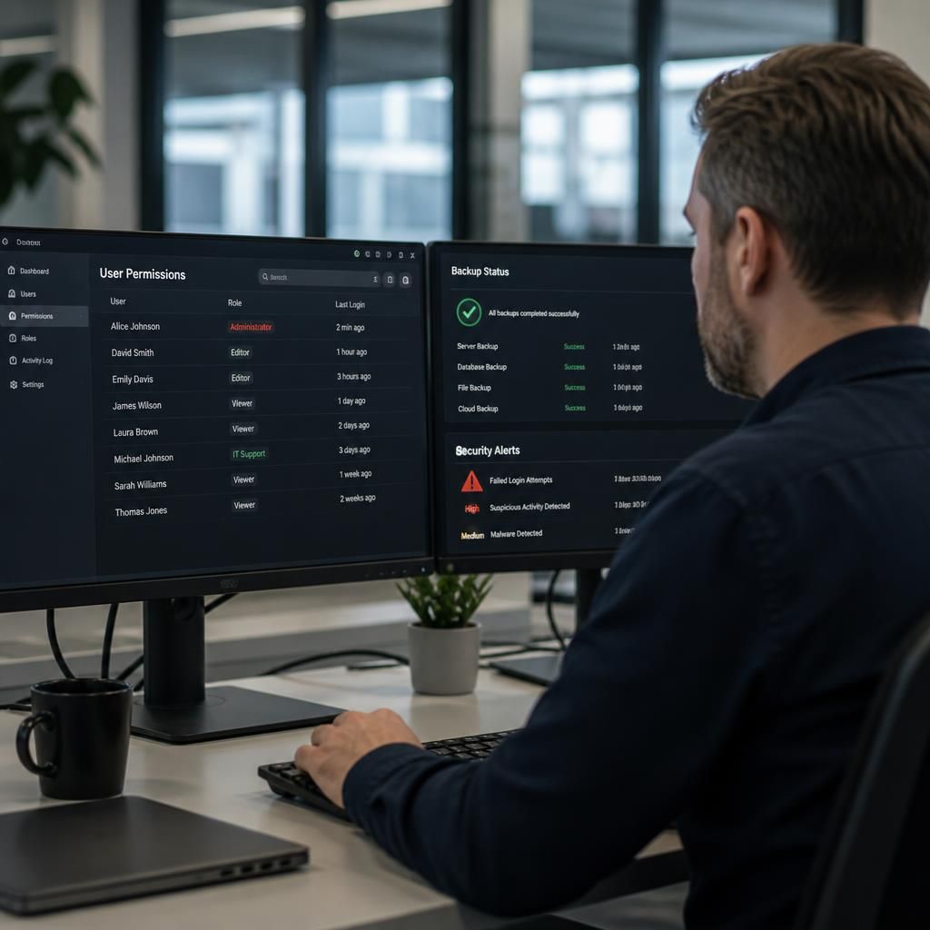 IT administrator reviewing user permissions, backup records and security alerts on a business network