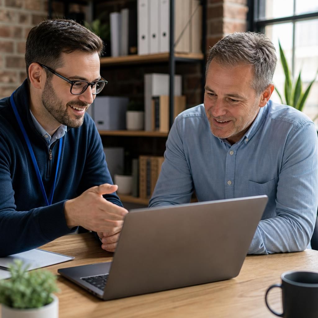 IT consultant discussing a laptop with a small business owner