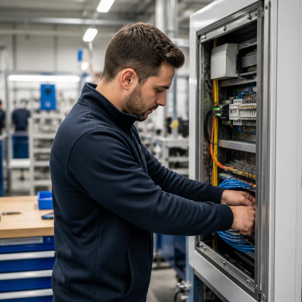 Technology specialist inspecting computer equipment in a manufacturing workplace