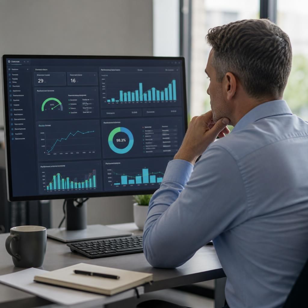 Business manager reviewing an IT services performance dashboard with charts and service metrics