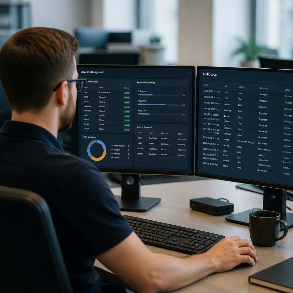 IT administrator reviewing access permissions and audit logs on a secure data management dashboard