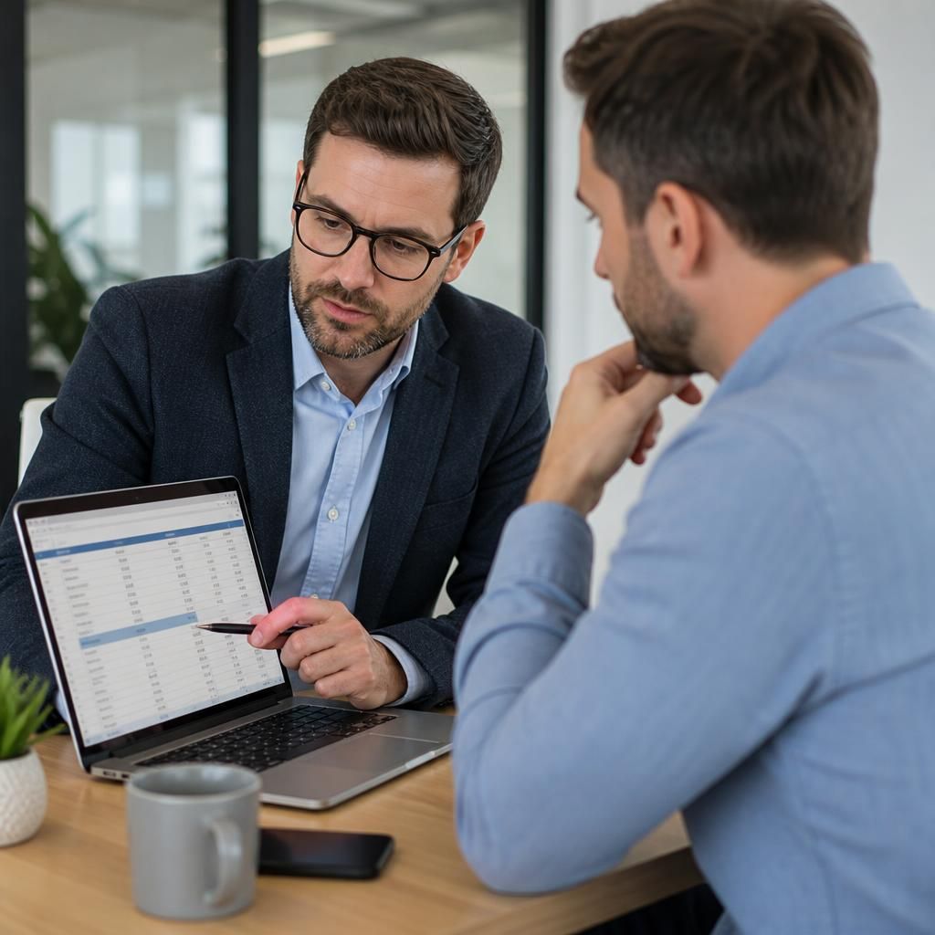 Consultant reviewing a business IT services proposal on a laptop