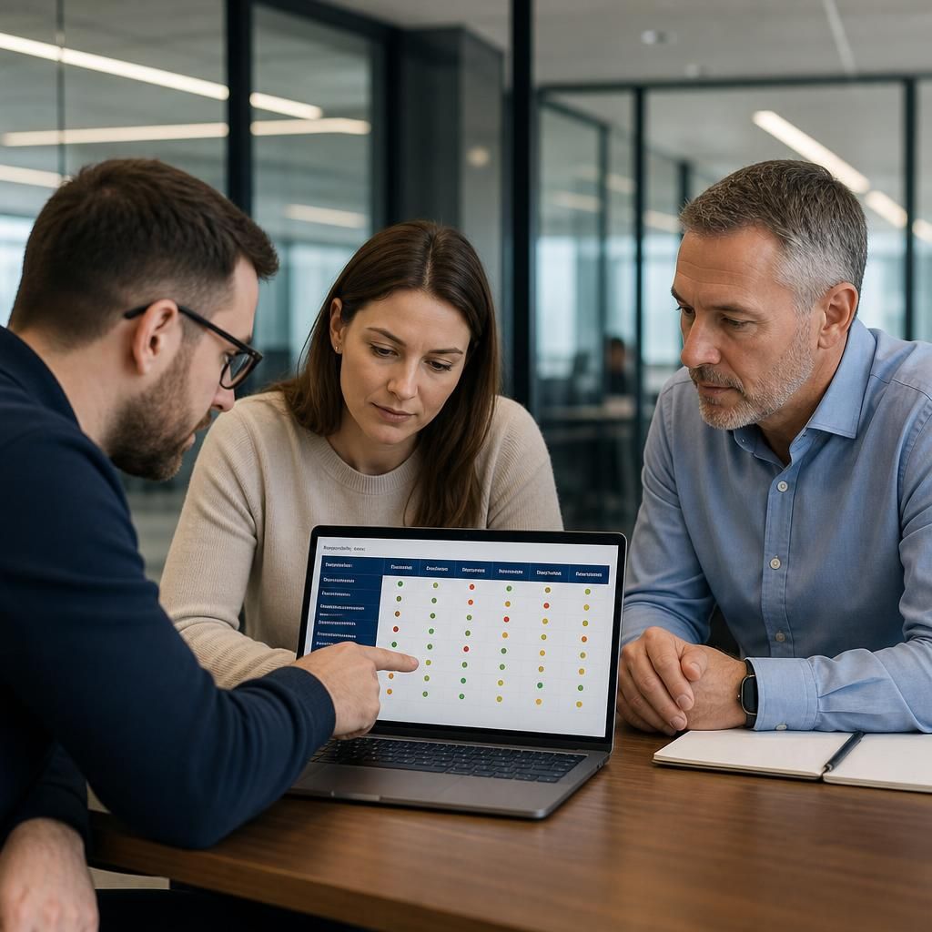 Business team and IT provider reviewing a responsibility matrix on a laptop