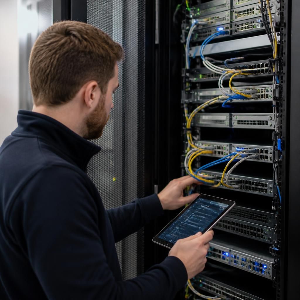 Technician reviewing network equipment in a server room