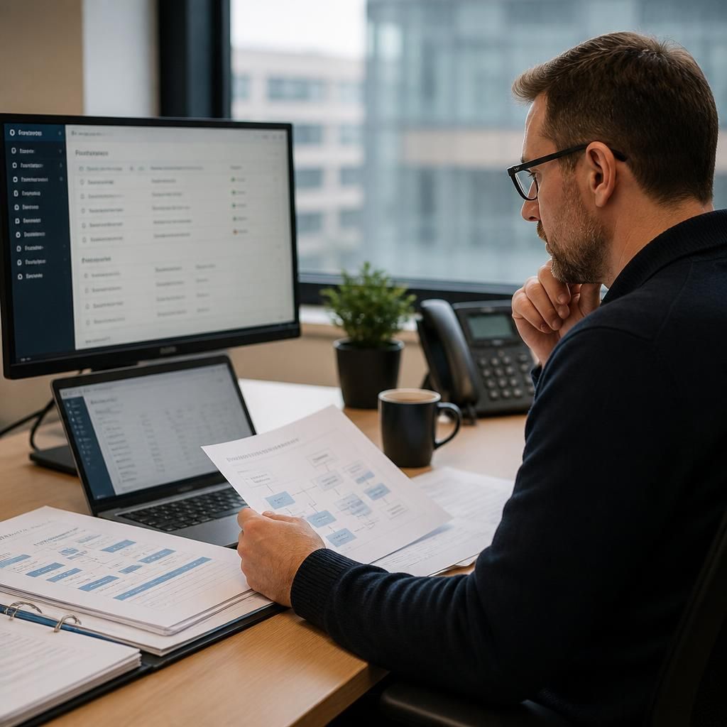 Administrator reviewing system access, supplier records and continuity documentation on a computer