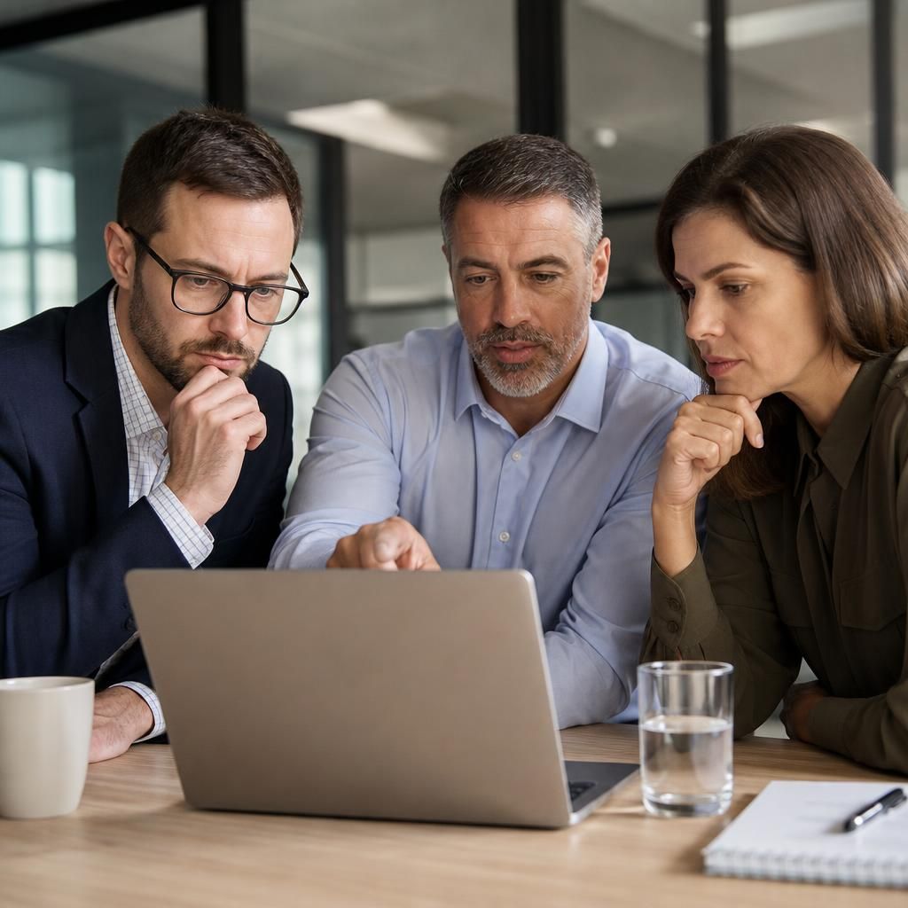 Business team reviewing an IT risk register on a laptop