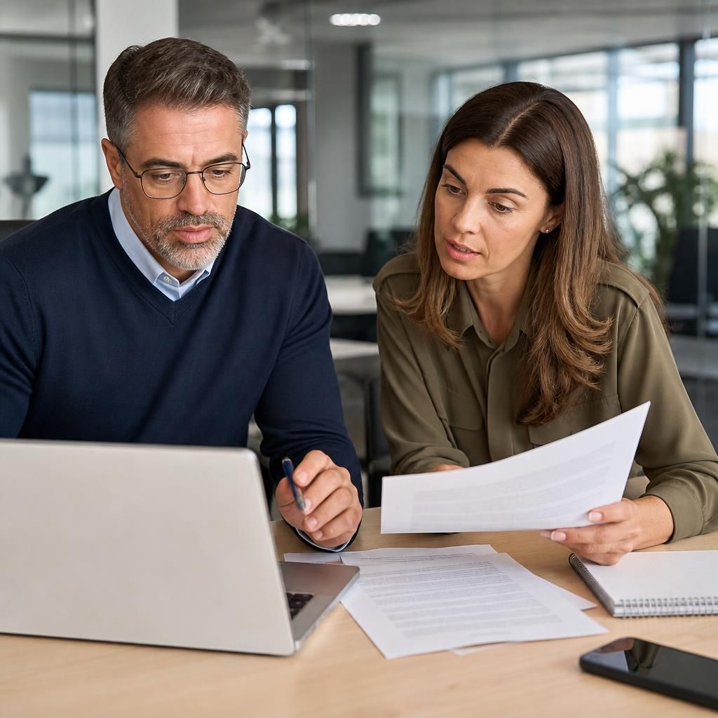 Business colleagues reviewing an IT services agreement on a laptop and printed documents