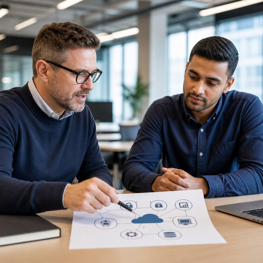 IT professionals reviewing a diagram of outsourced technology responsibilities