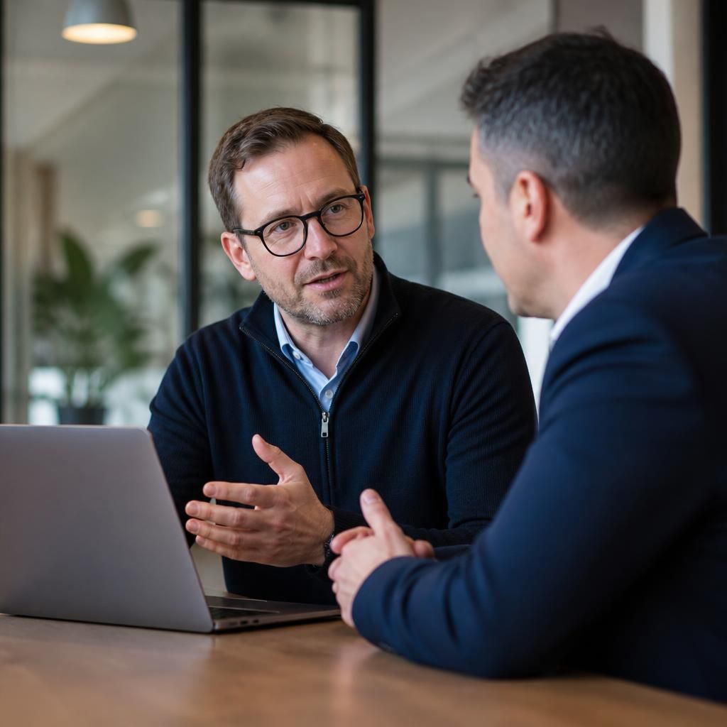 IT professional speaking with a business client beside a laptop