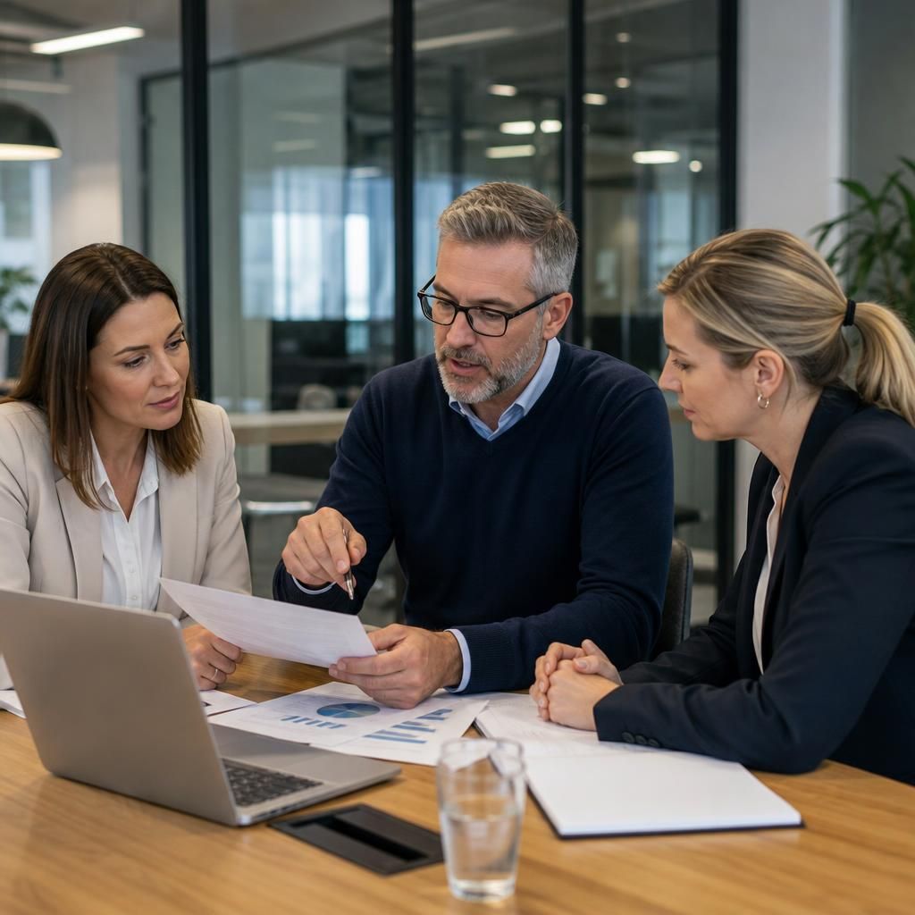 Professional services team reviewing documents and technology requirements in an office