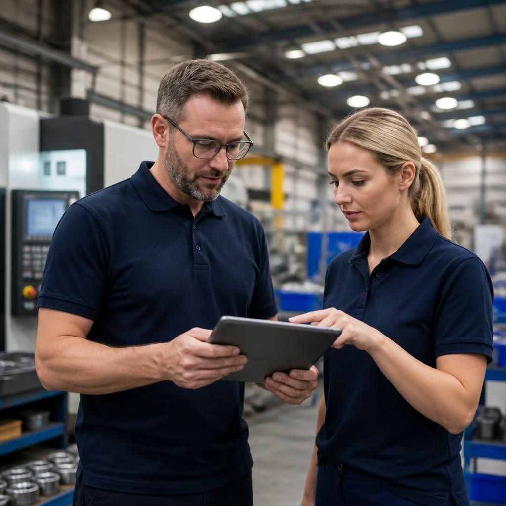 Manufacturing team reviewing production information on a tablet in a workplace