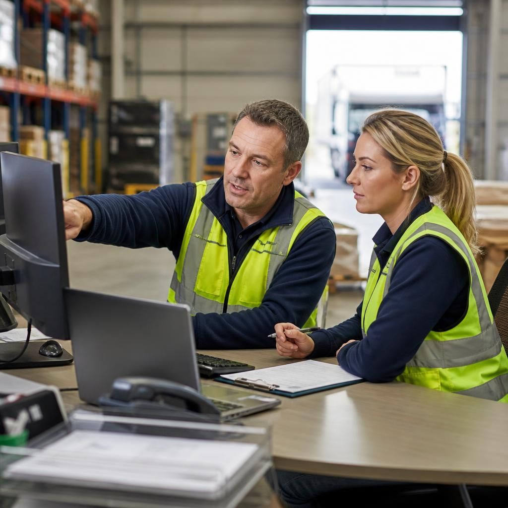 Logistics staff coordinating deliveries using computers in a warehouse office