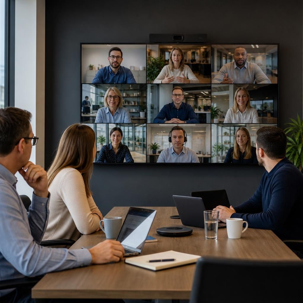 Colleagues working across different locations during a multi-site business meeting