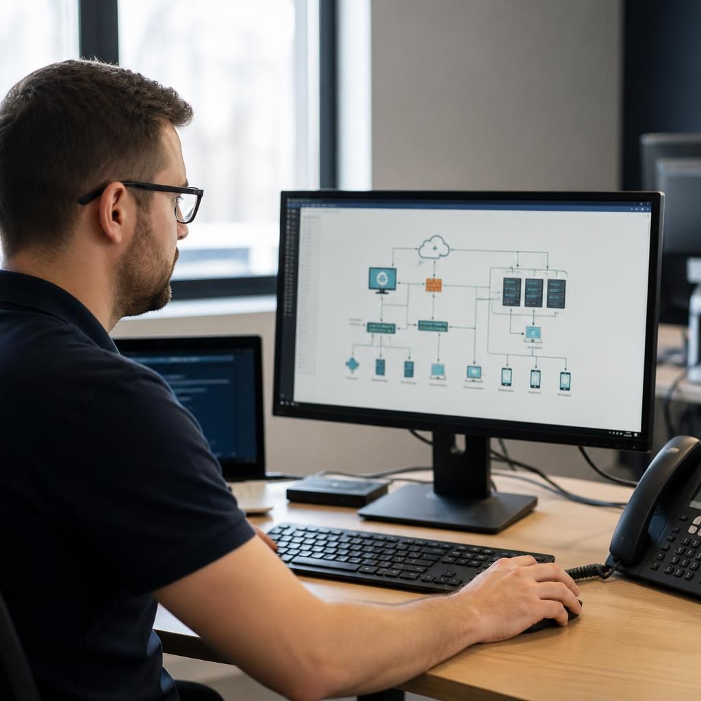 Technician reviewing a small business network diagram on a computer screen