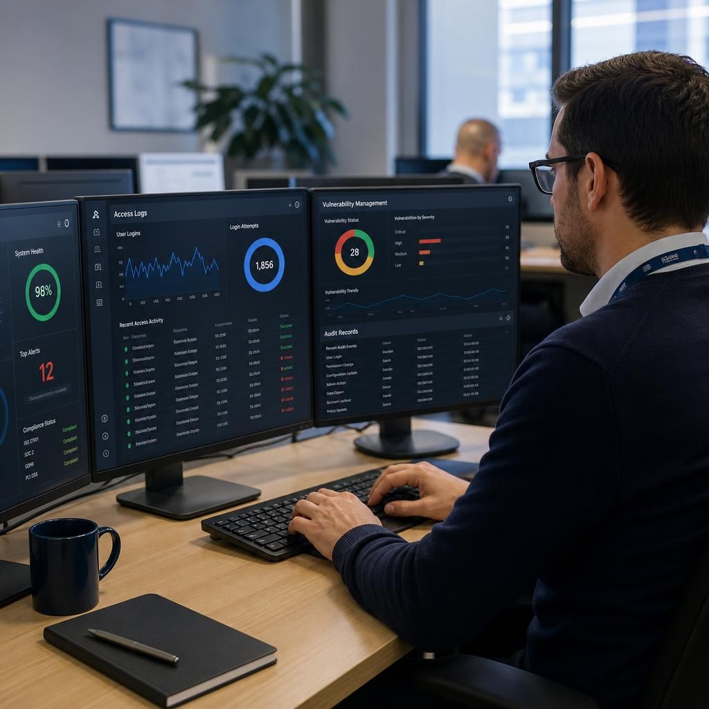 Security controls dashboard showing access logs, vulnerability status and audit records