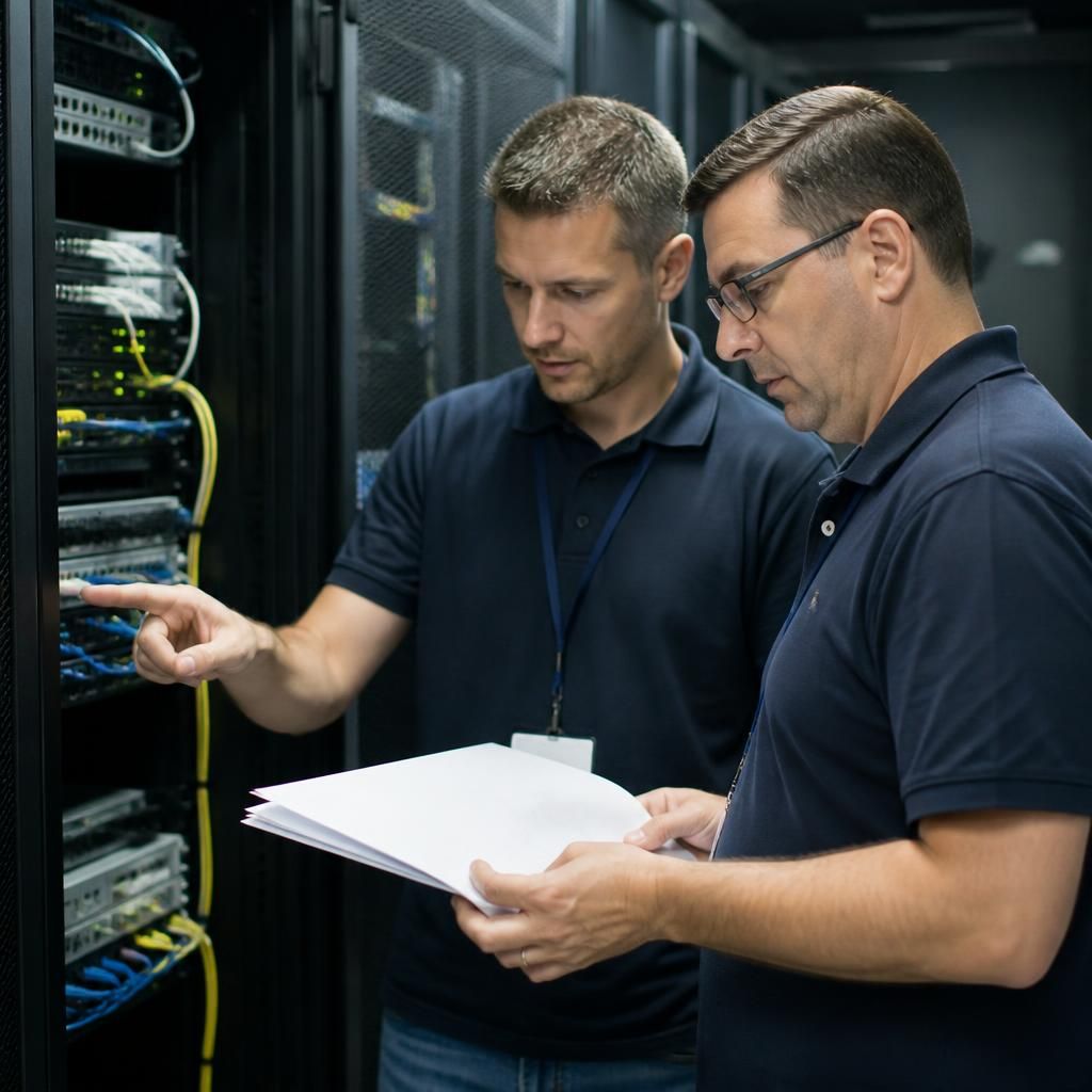 IT engineers reviewing network equipment and project documentation