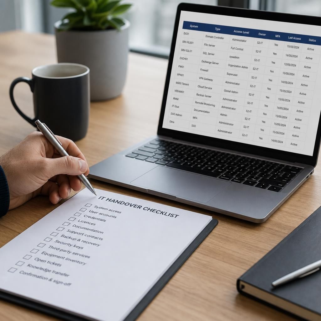 IT handover checklist beside a laptop displaying system access records