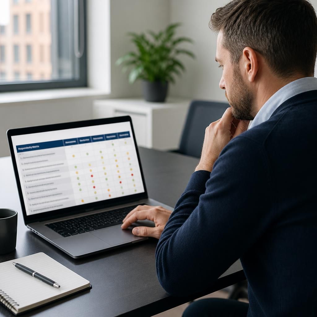 IT manager reviewing a responsibility matrix on a laptop