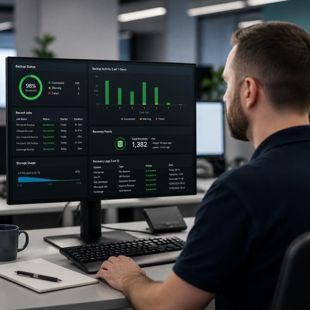Technician reviewing backup schedules and recovery logs on a computer monitor