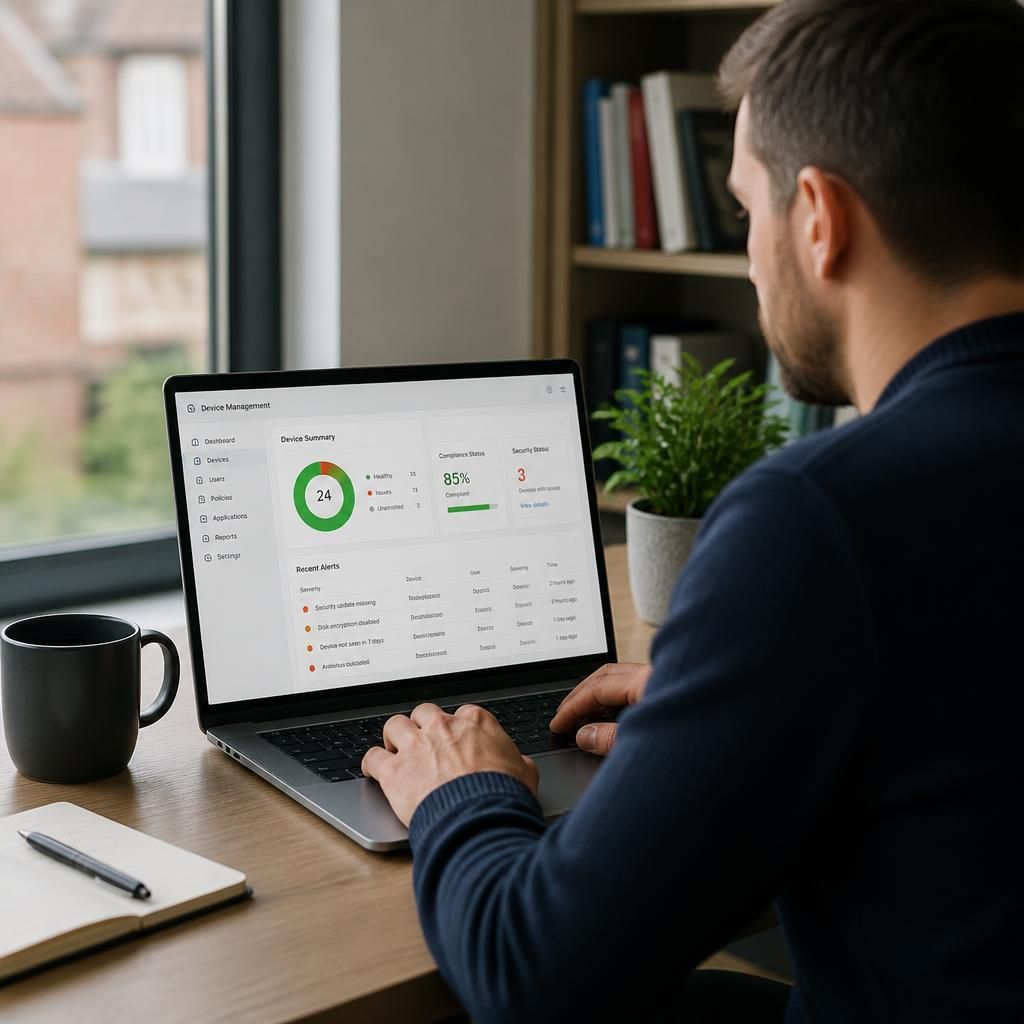 Employee using a laptop with device management settings displayed on screen