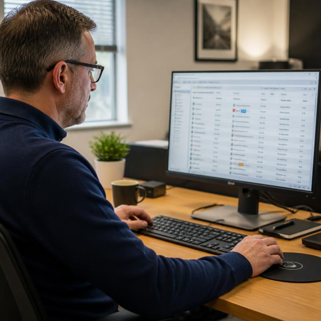 IT administrator reviewing software licence records on a computer screen